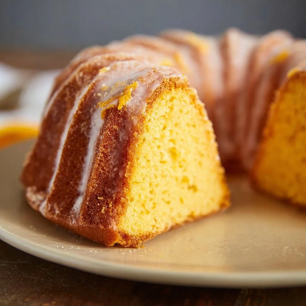 Delicious homemade Orange Bundt Cake topped with orange glaze on a white plate.