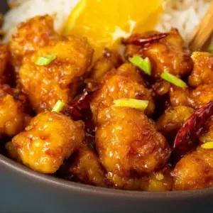 Plate of homemade orange chicken with rice and vegetables, showcasing the dish's vibrant colors.
