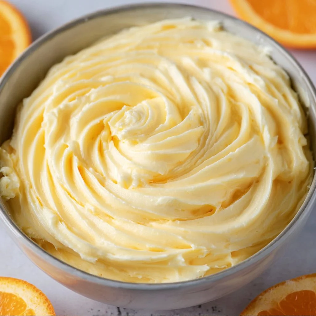Orange cream cheese frosting swirled on a cupcake