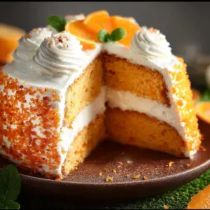 Delicious Orange Crush Cake topped with orange frosting and zest