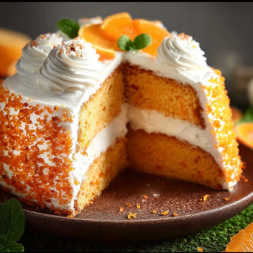Delicious Orange Crush Cake topped with orange frosting and zest