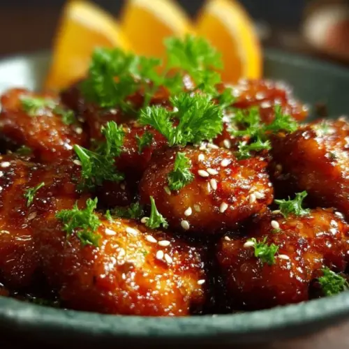 Delicious Orange Marmalade Chicken served on a plate with garnish.