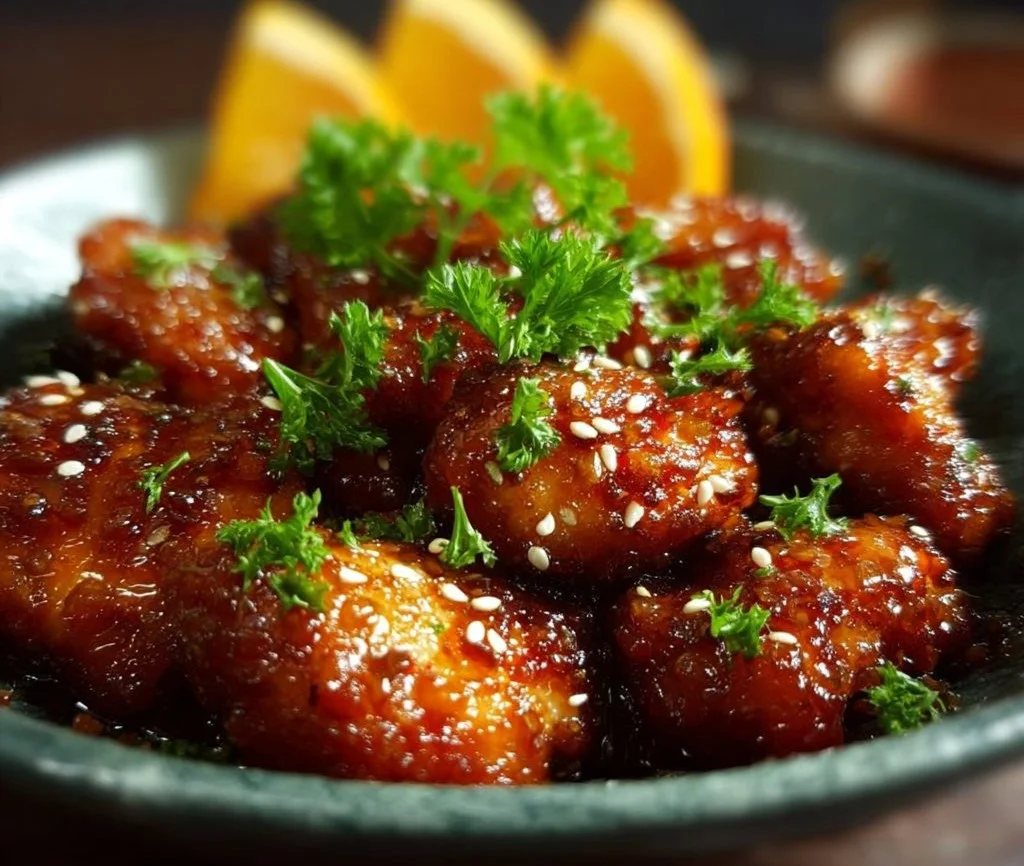Delicious Orange Marmalade Chicken served on a plate with garnish.