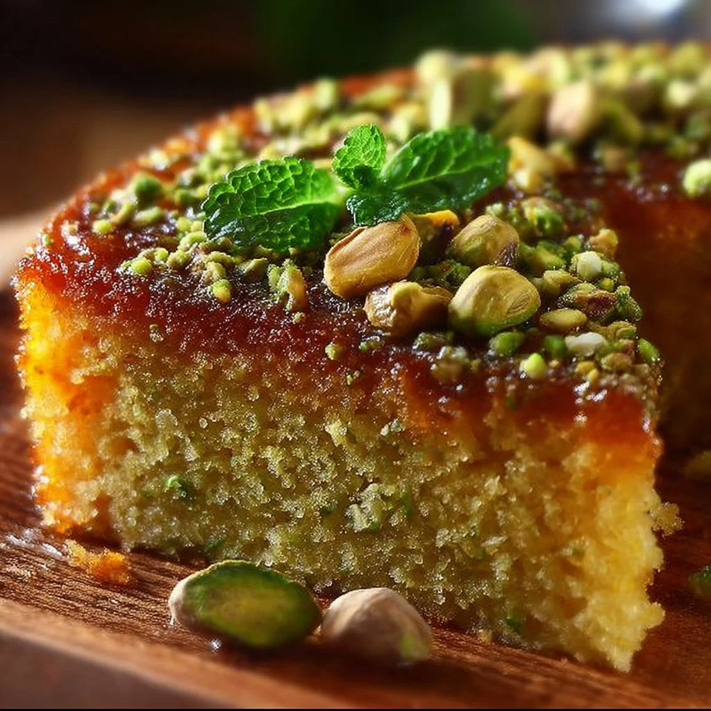 Slice of delicious Orange Pistachio Cake topped with orange zest and pistachios