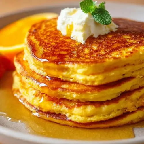 Delicious orange ricotta pancakes stacked on a plate with syrup