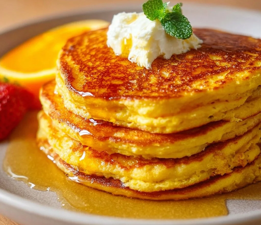 Delicious orange ricotta pancakes stacked on a plate with syrup