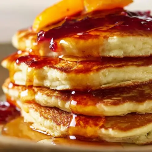 Delicious Orange Ricotta Pancakes topped with fresh orange slices and syrup.