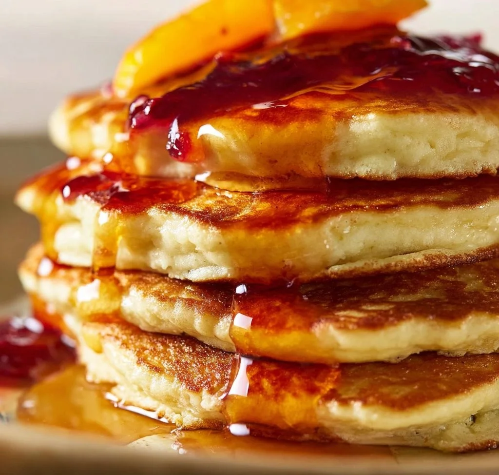 Delicious Orange Ricotta Pancakes topped with fresh orange slices and syrup.