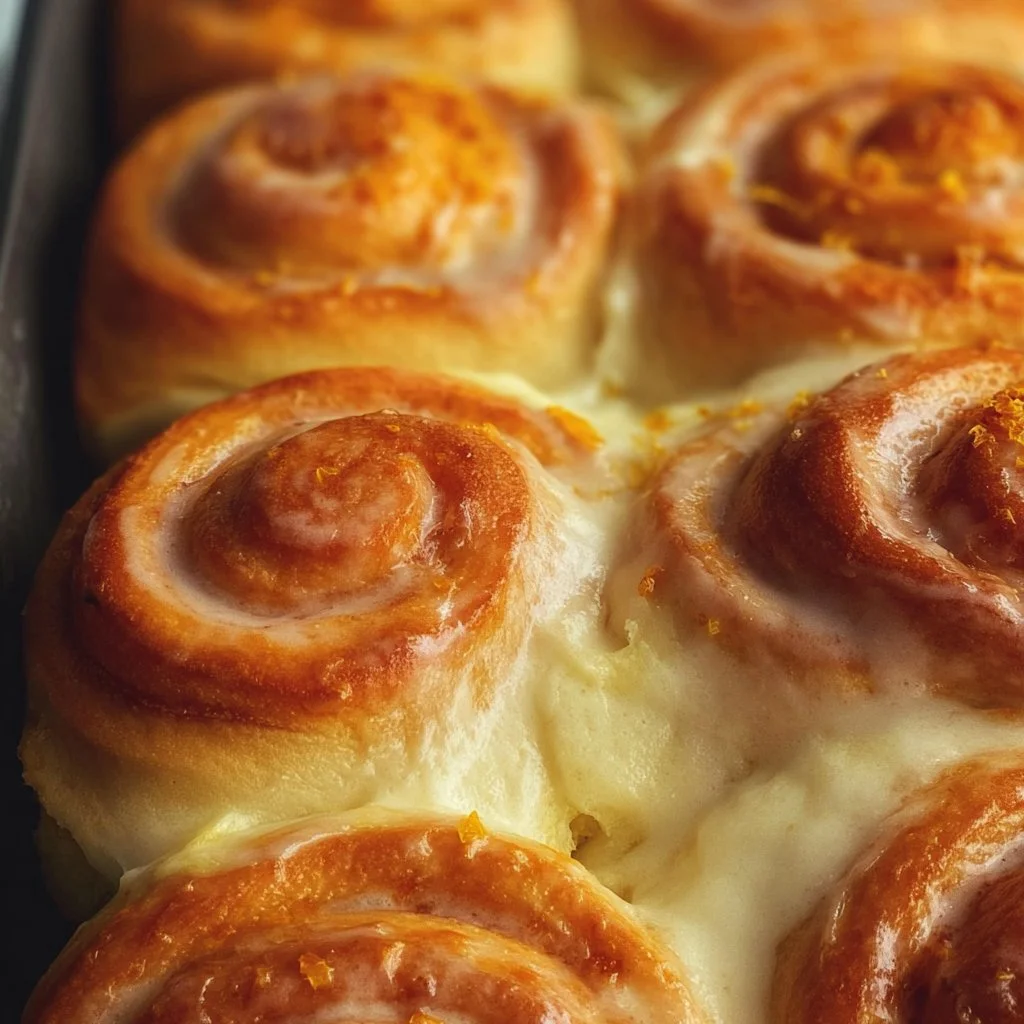 Freshly baked orange rolls topped with orange glaze