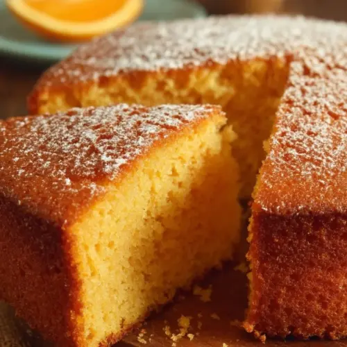 Freshly baked Orange Sponge Cake with citrus glaze and zest garnish