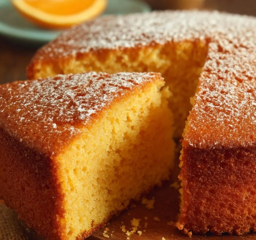 Freshly baked Orange Sponge Cake with citrus glaze and zest garnish