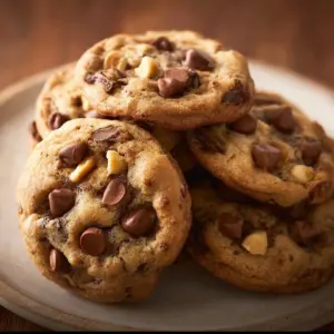 Freshly baked Peanut Butter Banana Chip Cookies with chocolate chips