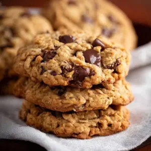 Delicious peanut butter oatmeal chocolate chip cookies stacked on a plate
