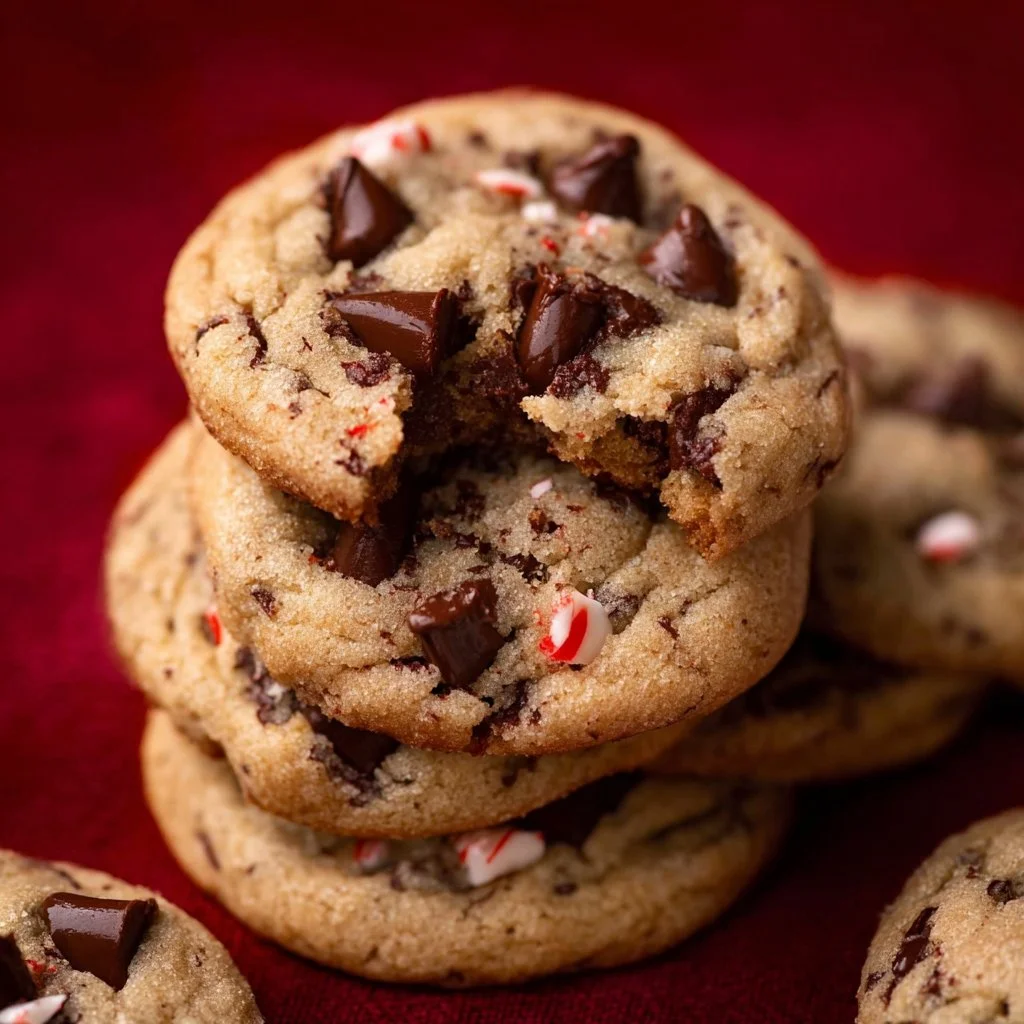 Plate of freshly baked peppermint chocolate chip cookies with mint sprinkles