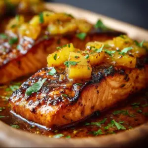 Deliciously grilled Pineapple Glazed Salmon with vibrant pineapple glaze