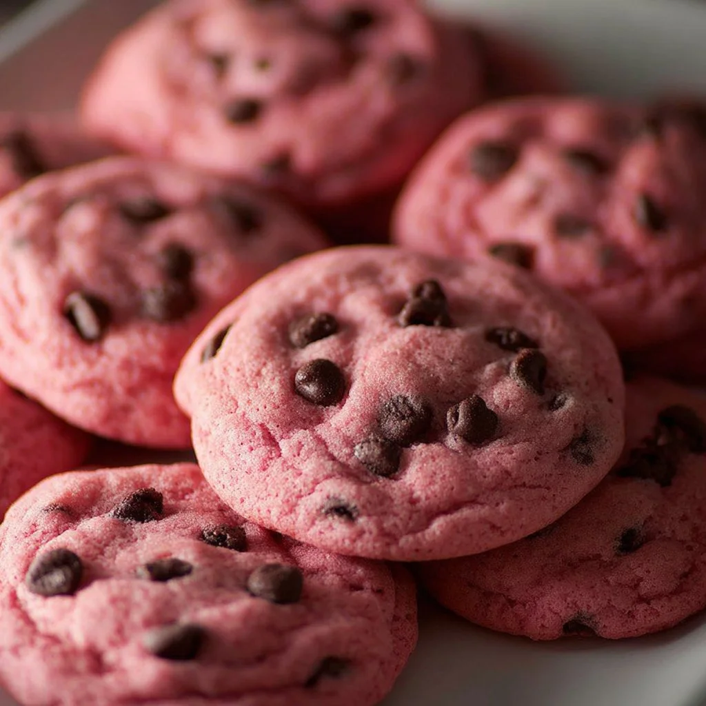 Pink Velvet Chocolate Chip Cookies fresh out of the oven