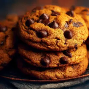 Baked pumpkin chocolate chip cookies on a plate with autumn decor