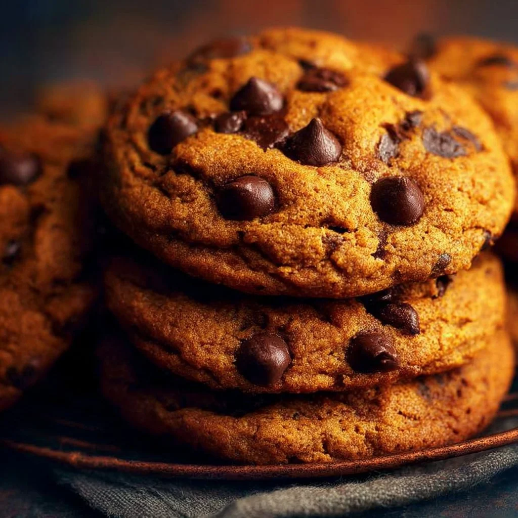 Baked pumpkin chocolate chip cookies on a plate with autumn decor