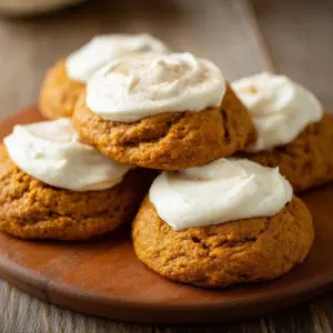 Soft Pumpkin Cookies with Cream Cheese Frosting on a plate