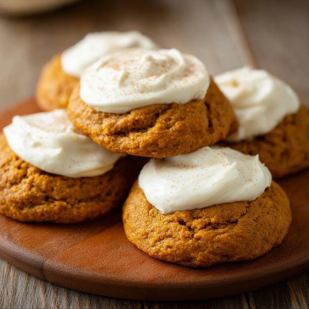 Soft Pumpkin Cookies with Cream Cheese Frosting on a plate