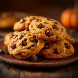 Freshly baked Pumpkin Spice Chocolate Chip Cookies on a wooden table.