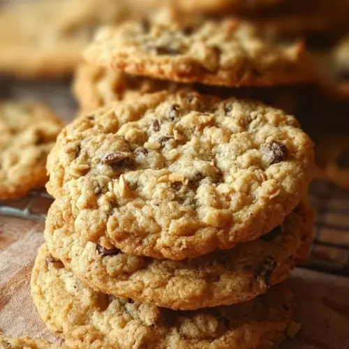 Batch of delicious homemade Ranger Cookies with oats and chocolate chips.