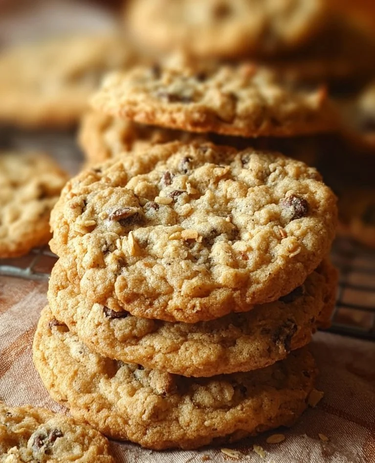 Batch of delicious homemade Ranger Cookies with oats and chocolate chips.