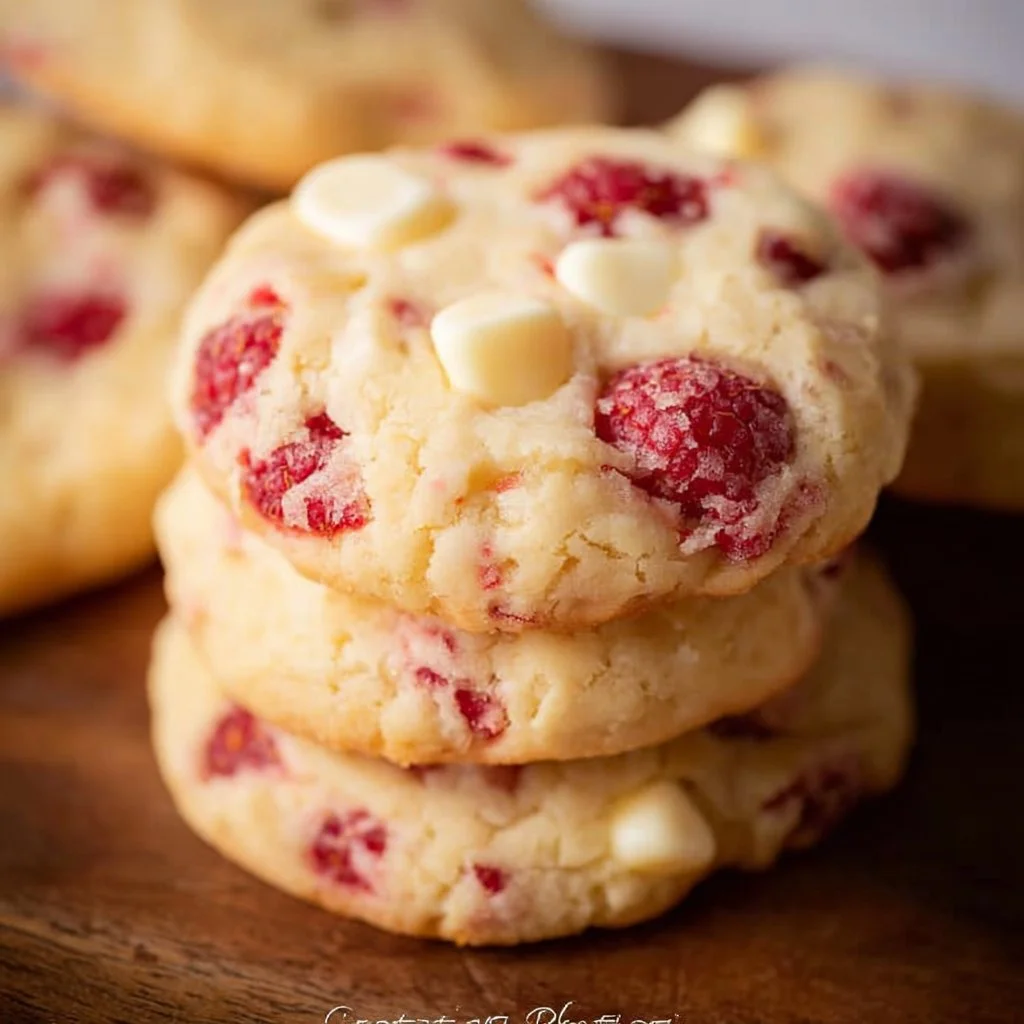 Delicious Raspberry Cheesecake Cookies topped with fresh raspberries