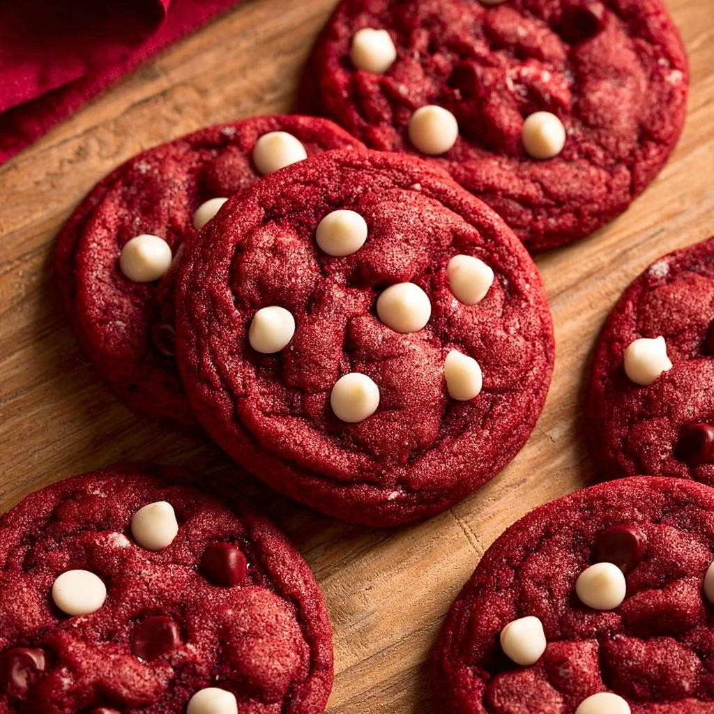 Freshly baked red velvet cookies with cream cheese frosting on top