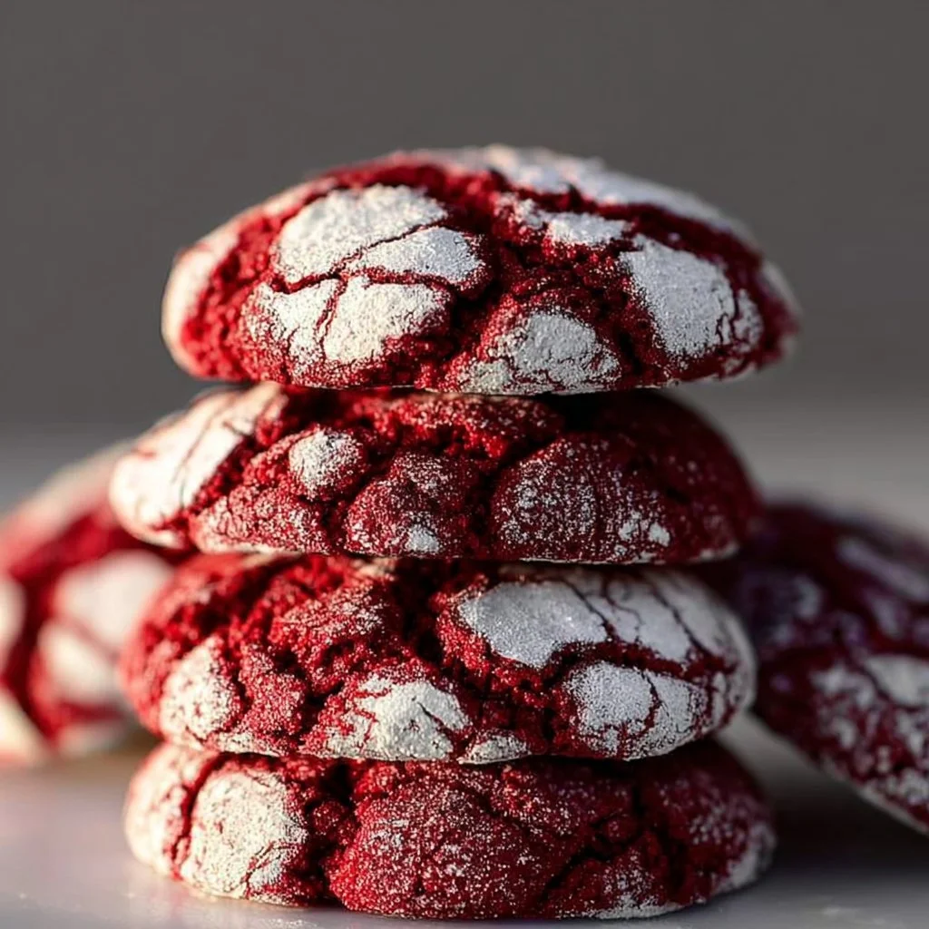 Freshly baked Red Velvet Crinkle Cookies on a cooling rack