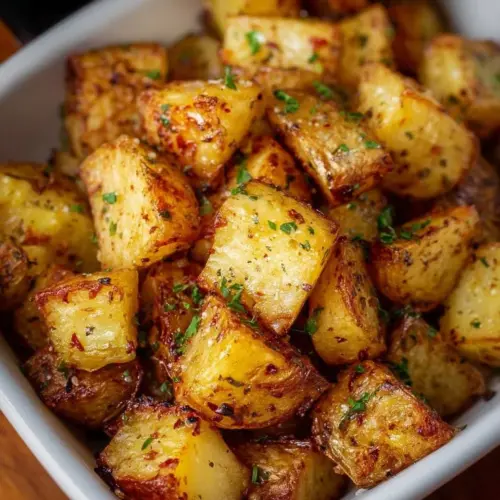 Golden roasted air fryer diced potatoes in a bowl ready to serve