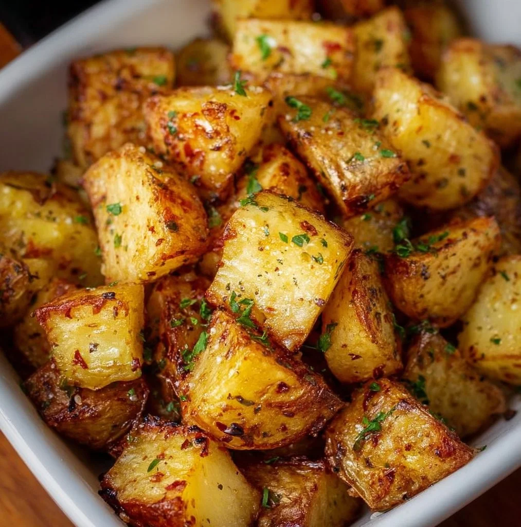 Golden roasted air fryer diced potatoes in a bowl ready to serve