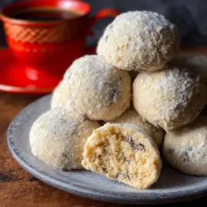 Plate of delicious homemade Russian Tea Cookies dusted with powdered sugar