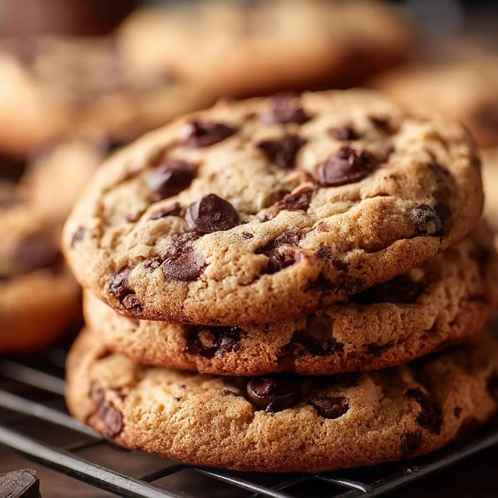 Freshly baked soft and chewy chocolate chip cookies on a cooling rack