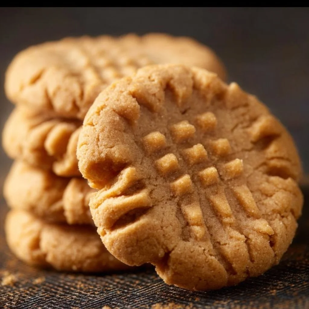 Soft peanut butter cookies on a baking tray with a cup of milk