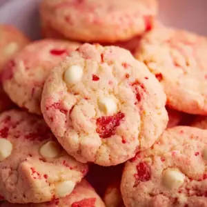 Delicious strawberry cake mix cookies with sprinkles on a plate