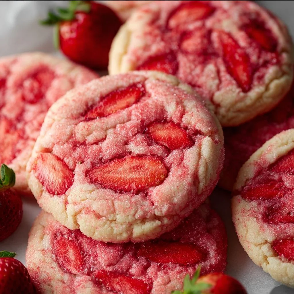 Freshly baked Strawberry Sugar Cookies topped with sugar crystals