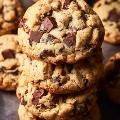 Freshly baked super chunky chocolate chip cookies on a wooden board