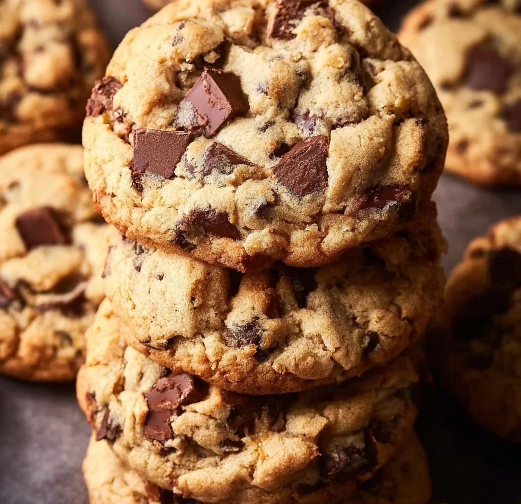 Freshly baked super chunky chocolate chip cookies on a wooden board