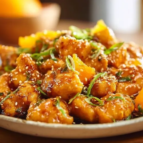 Delicious Tangerine Chicken dish garnished with fresh herbs