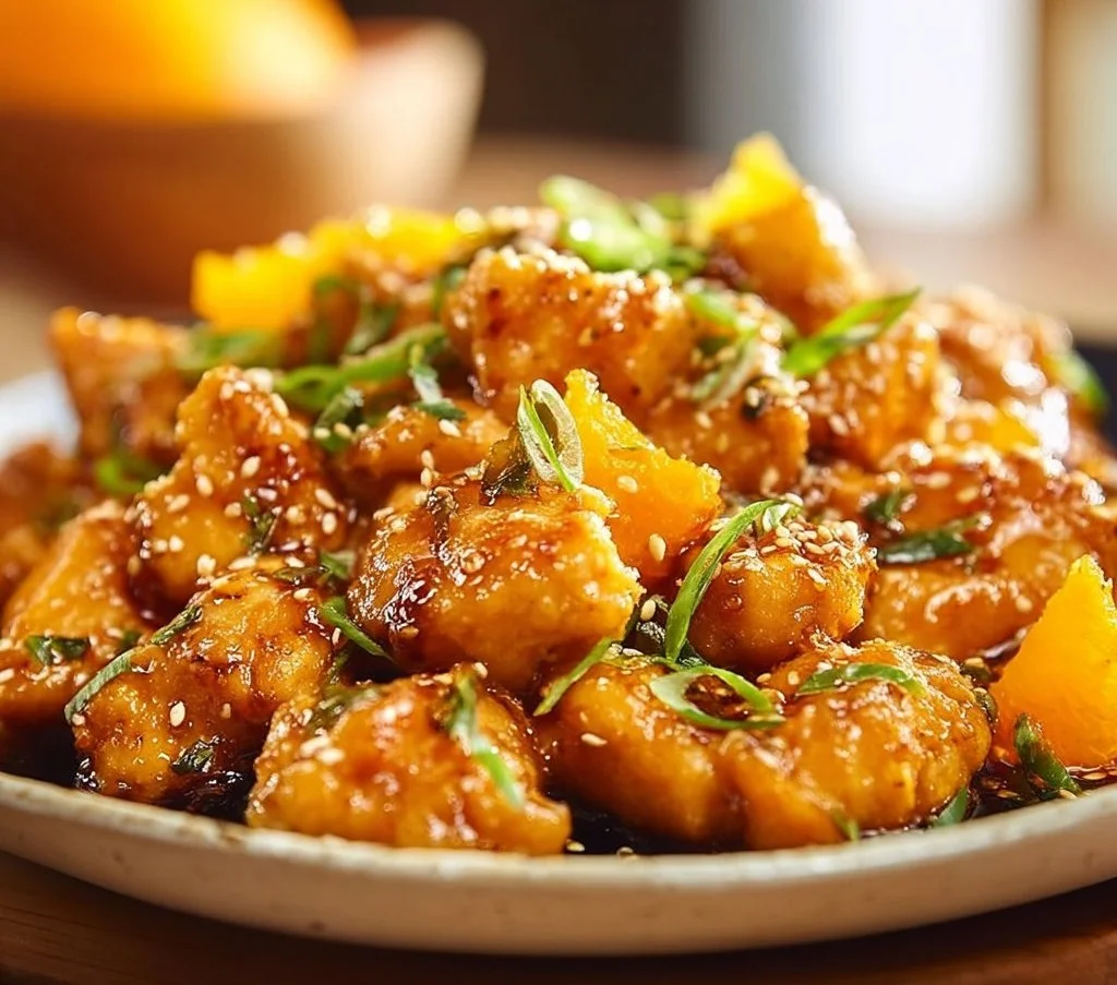Delicious Tangerine Chicken dish garnished with fresh herbs