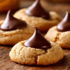 Delicious Thumbprint Hershey Kiss Cookies topped with chocolate