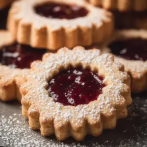 Plate of traditional Linzer cookies with raspberry filling and powdered sugar.