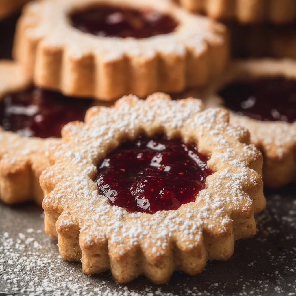 Plate of traditional Linzer cookies with raspberry filling and powdered sugar.