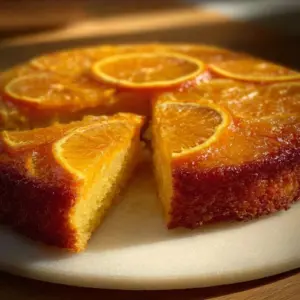 Upside Down Orange Cake topped with vibrant orange slices, showcasing its moist texture.