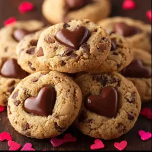 Delicious Valentine's Day chocolate chip cookies decorated with heart sprinkles