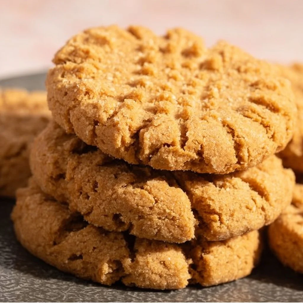 Baked vegan peanut butter cookies on a wooden platter
