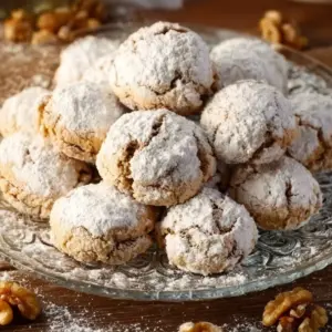 Freshly baked walnut cookies on a rustic wooden table