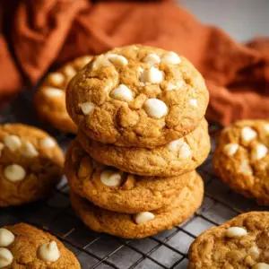 White chocolate chip pumpkin cookies on a baking tray