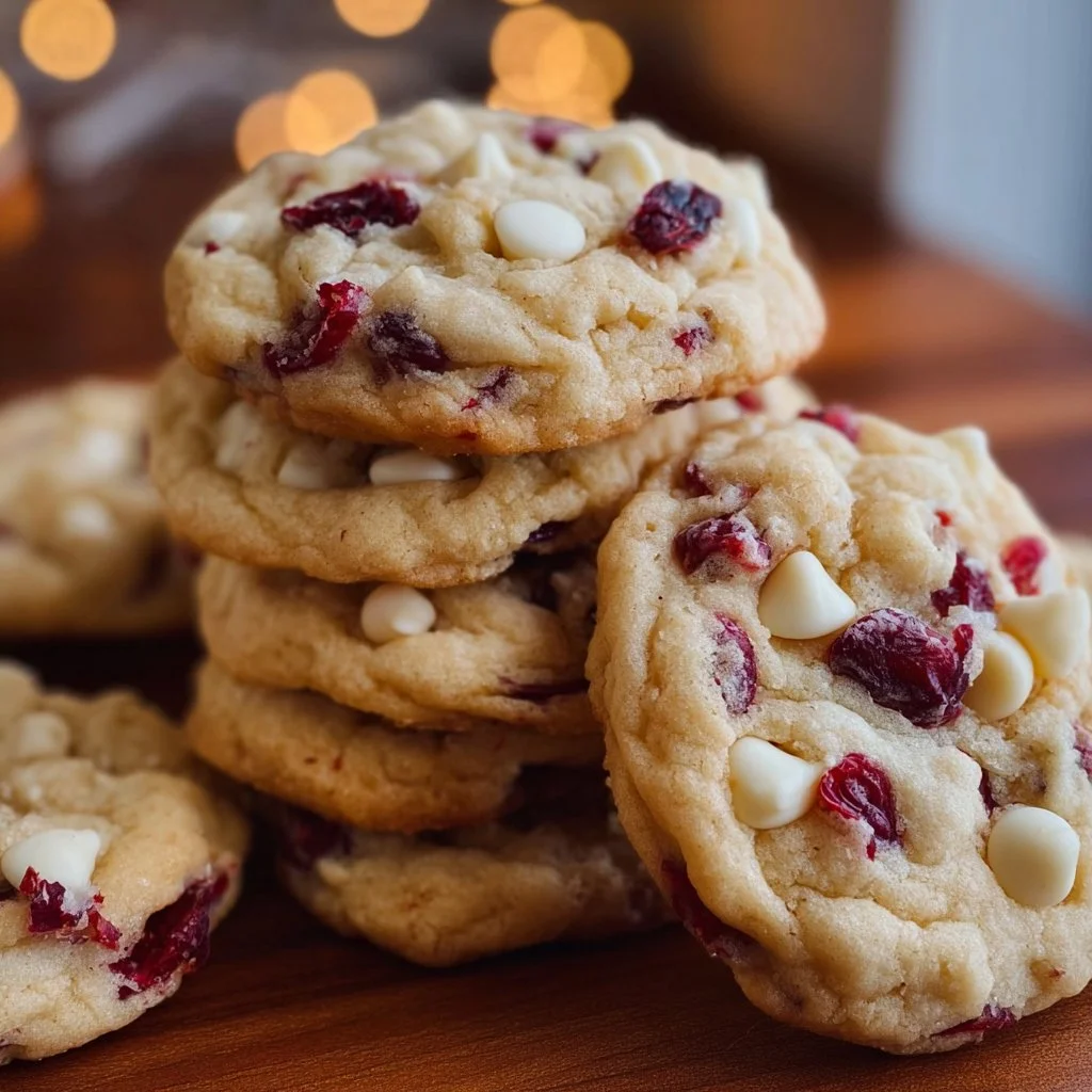 Freshly baked white chocolate cranberry cookies on a cooling rack.